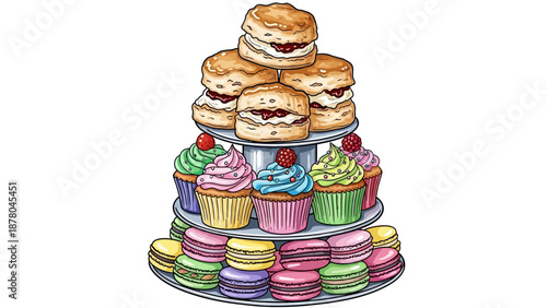 A vibrant illustration of a multi-tiered dessert stand showcasing cupcakes and macarons, colorful treats, sweet delights, food display