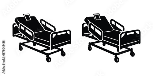 hospital bed icon. Two hospital beds with adjustable features shown in a simple black and white illustration