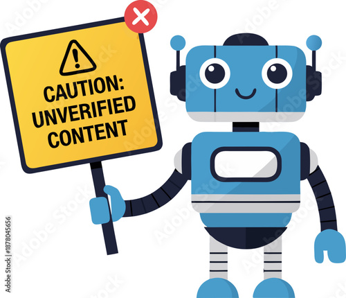 The robot holds a warning sign about unverified content. The concept of AI hallucination, algorithm failure, data security, and content moderation.