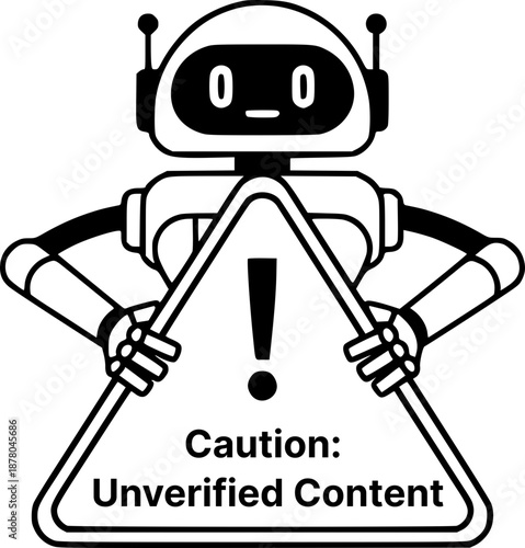 The robot holds a warning sign about unverified content. The concept of AI hallucination, algorithm failure, data security, and content moderation.