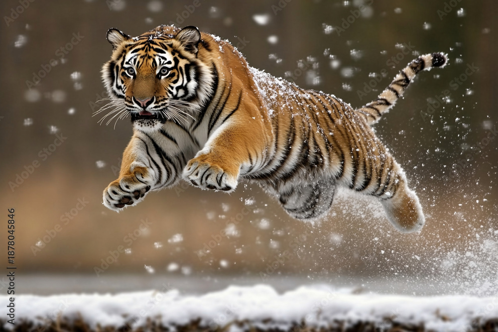 Obraz premium Siberian tiger leaps gracefully across a snowy riverbank in winter wilderness