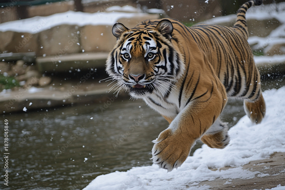 Obraz premium Siberian tiger leaps gracefully across a snowy riverbank in a winter wilderness setting