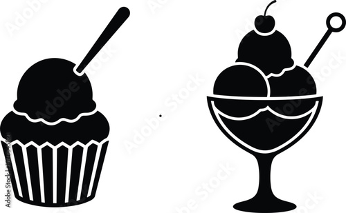 Black silhouette vector icons of a cupcake with a spoon and an ice cream sundae with a cherry.