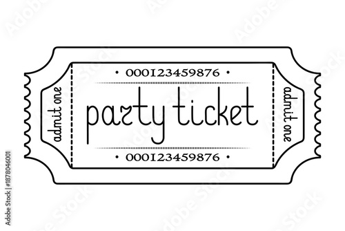 Party ticket admit one. Sketch. Handwritten lettering with a lowercase letter. Vector illustration. Tear-off ticket with a number. Outline on an isolated white background. Doodle style. Coloring book