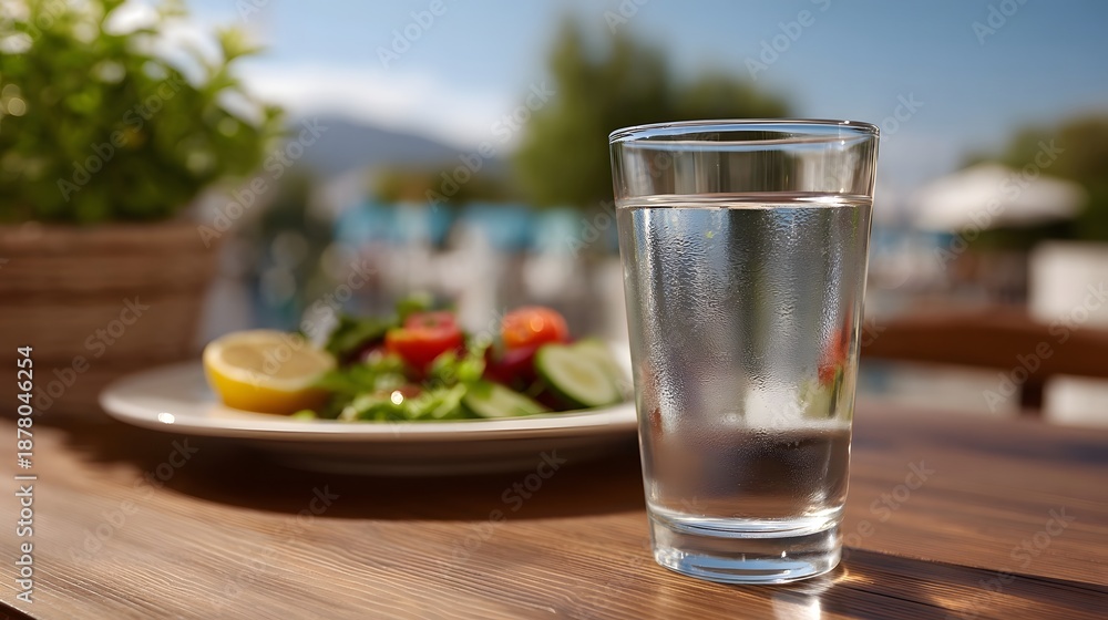 Fototapeta premium A refreshing glass of water sits on a wooden table next to a fresh salad with lemon tomatoes and cucumbers outdoors on a sunny day