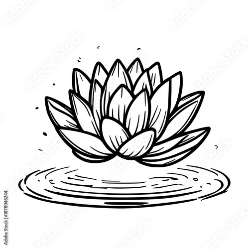 Lotus flower icon hovering on water surface with layered petals, sleek design suitable for wellness, meditation, or spa branding graphics