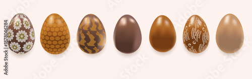 Realistic Chocolate Easter Egg set with various decorative and gold patterns and textures on light BG. 3d Vector illustration. For easter holiday, packaging, greeting card, banner, food concept.