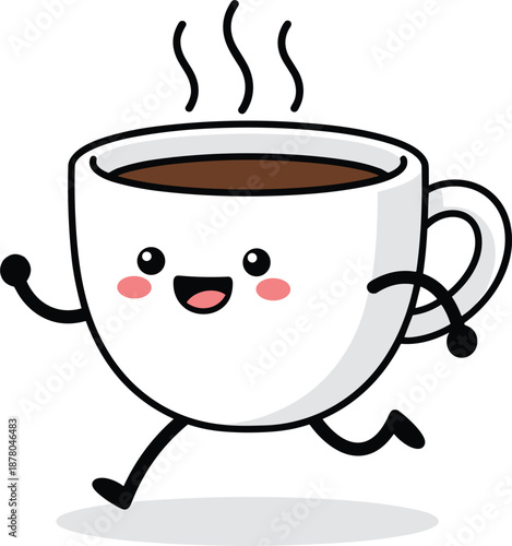Cute running coffee cup character with happy face and steam for morning energy cafe branding and fun concepts.