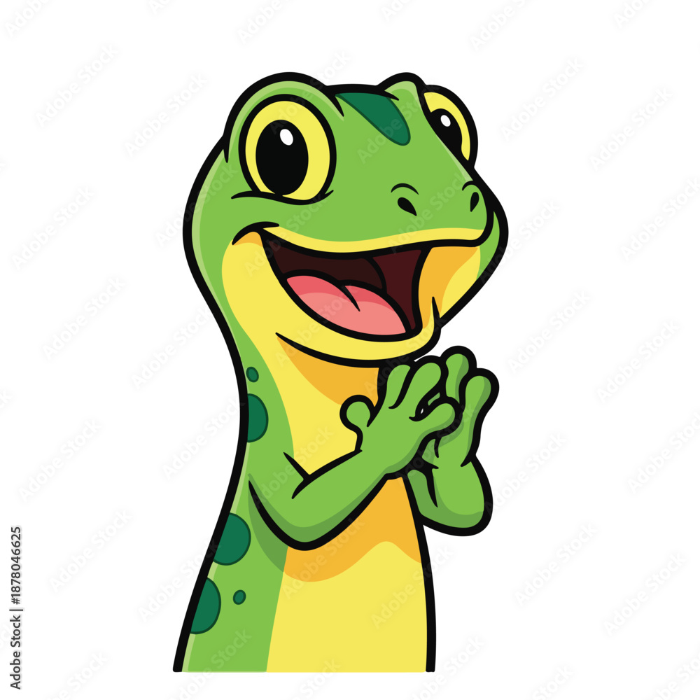 Obraz premium Friendly green cartoon lizard with hands together smiling