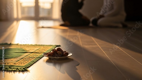 Dates on a prayer rug with people praying in the background with copy space