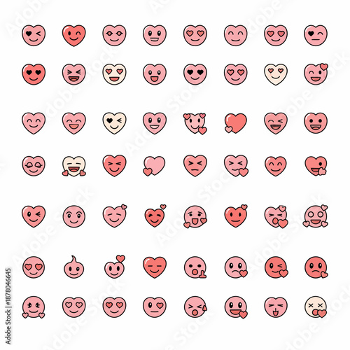 A large collection of pink heart-shaped emojis with various facial expressions and romantic gestures.