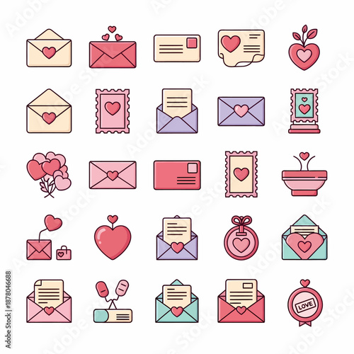 A collection of flat design icons representing love letters, envelopes, hearts, and romantic correspondence.