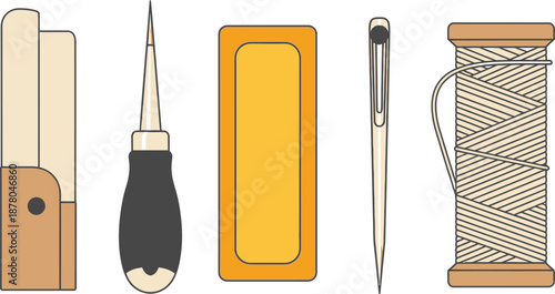 Set of 5 bookbinding tools flat design bone folder awl beeswax block binding needle and linen thread