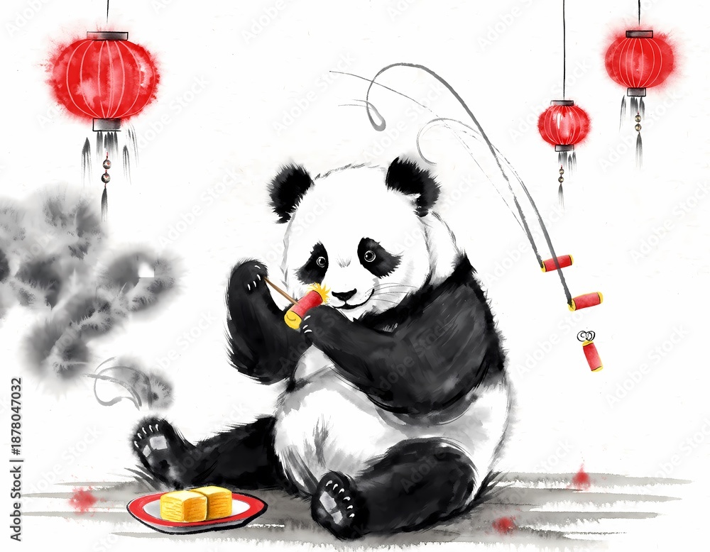 Naklejka premium Traditional Chinese Ink Painting of Panda Playing Firecrackers and Eating Nian Gao