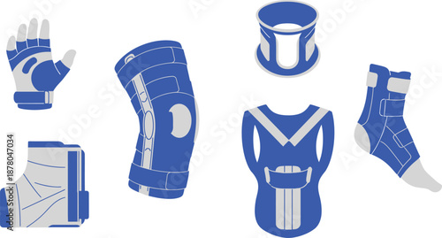 Set of 5 orthopedic braces flat design knee brace wrist splint ankle support neck collar and back brace