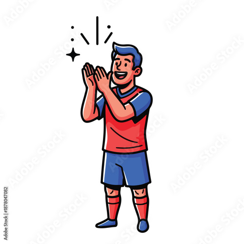 Man in red soccer uniform clapping with excitement and starburst