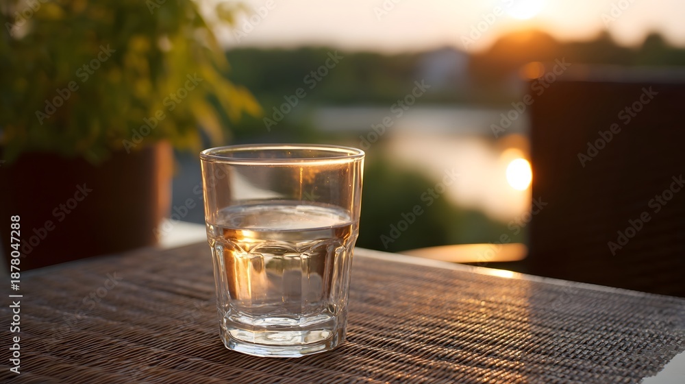 Fototapeta premium A clear glass of water sits outdoors on a table during a warm golden hour sunset