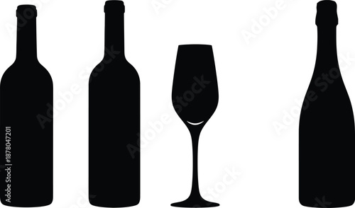 Silhouette vector set of 4 wine bottle shapes bordeaux bottle burgundy bottle riesling flute and champagne bottle