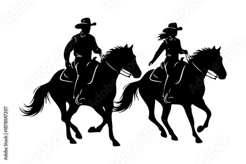 Cowboy and cowgirl riding horses in black silhouette style