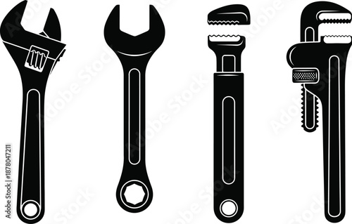 Silhouette vector set of 4 wrench types adjustable wrench open end wrench box end wrench and pipe wrench