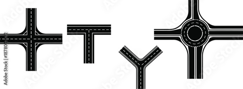 Silhouette vector set of 5 road intersection types four way cross t-junction roundabout y-junction and merge lane.