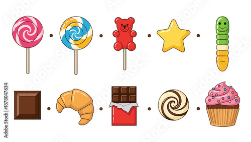 A colorful vector illustration of various sweet treats and candies arranged in rows on a white background