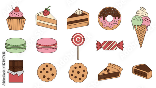 A colorful vector graphic illustration of various sweet treats including cupcakes, cakes, donuts, and candies