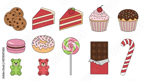 A colorful vector graphic illustration of various sweet treats and candies on a white background