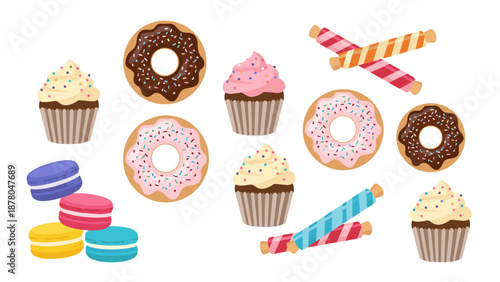 A colorful vector graphic illustration of various sweet baked goods and candies on a white background
