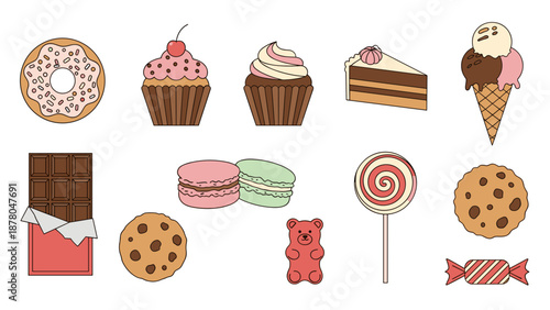 A colorful vector illustration of various sweet treats and desserts arranged in rows on a white background
