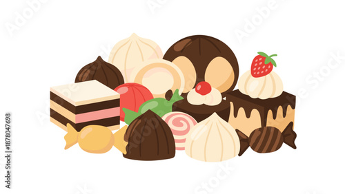 A colorful vector illustration of various sweet pastries and desserts on a white background