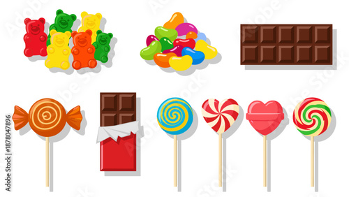 A colorful vector graphic illustration of various candies and chocolates on a white background