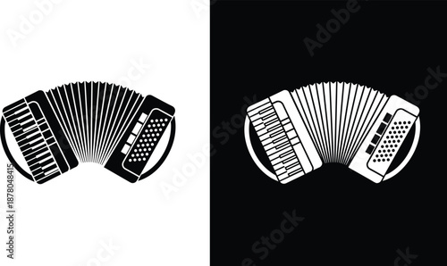 Accordion silhouette vector illustration with black and white contrast, musical instrument design, bellows expanded, keyboard and button panel visible.