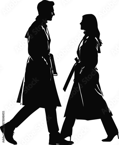Couple Silhouettes in Trench Coats Walking on White Background