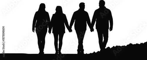 Four people walking hand in hand on a textured ground