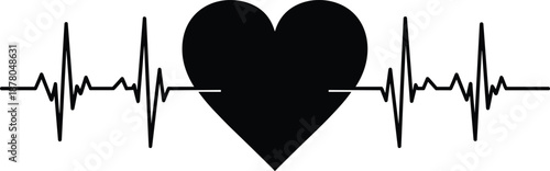 Black Heart Silhouette with ECG Line Vector Illustration Representing Love, Vitality, Cardiology, Emotion, Pulse, Life, and Medical Symbolism
