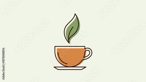 Simple illustration of a tea cup with a green tea leaf.