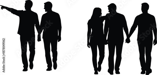 Silhouettes of men and a couple walking on white background