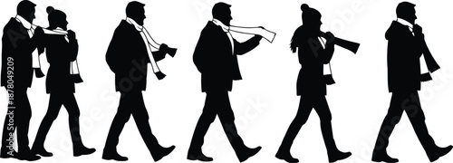 Silhouettes of people walking in winter attire illustration