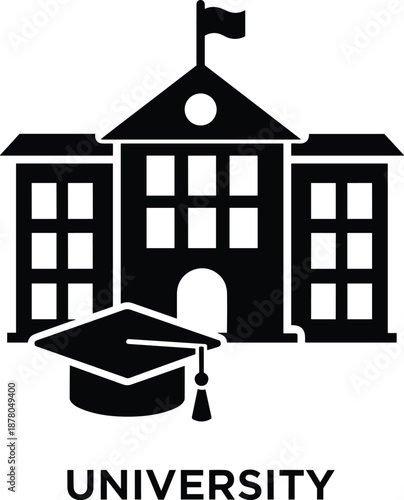 Black University Icon Featuring Classical Academic Building with Graduation Cap Representing Higher Education CStudent Success Learning and Ins