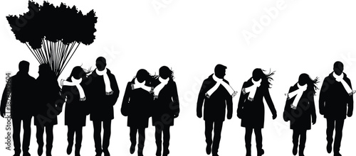 Silhouettes of people walking with a tree on white background