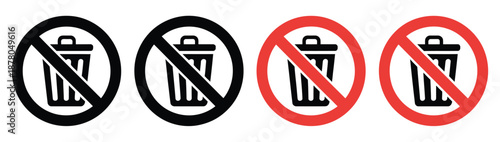 No trash allowed prohibition symbol, red circle with slash over trash can icon, vector illustration for waste control, litter prevention, public space rules, and environmental awareness signage.