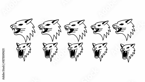 Set of minimalist wolf and werewolf head line art icons, wild animal vector illustrations isolated on white.