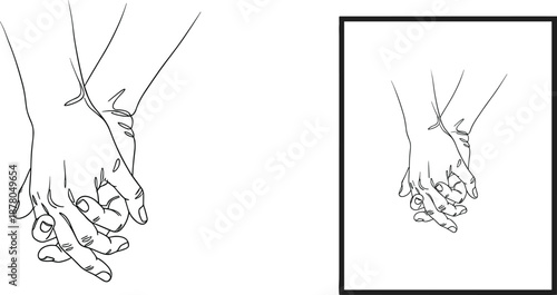 Minimalist line art of two hands holding each other in unity, love, connection, support, trust, peace, and emotional bond