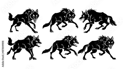 Black Wolf Running and Pouncing Action Silhouette Vector Set