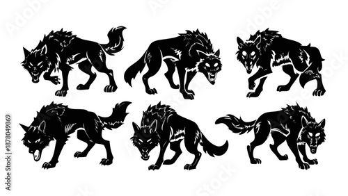 Set of Aggressive Black Wolf Silhouettes in Various Hunting Poses
