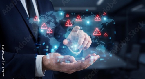 Global Earth World cyber threats hologram businessman hand with world map alerts digital concept