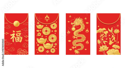 Vibrant red Chinese New Year envelopes with golden designs and symbols