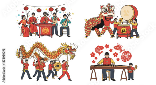 Vibrant Chinese New Year celebration scenes with dragon dance and festive decorations