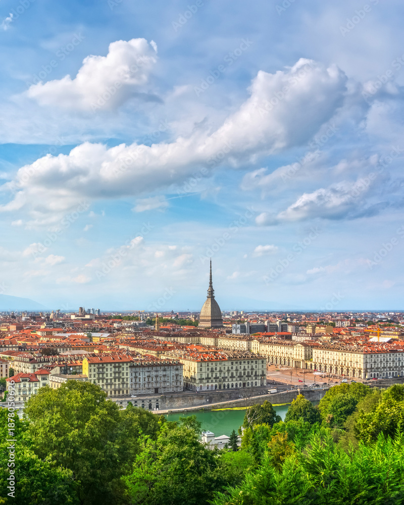 Fototapeta premium Turin Panoramic Cityscape with Mole Antonelliana from Monte dei Cappuccini Hill